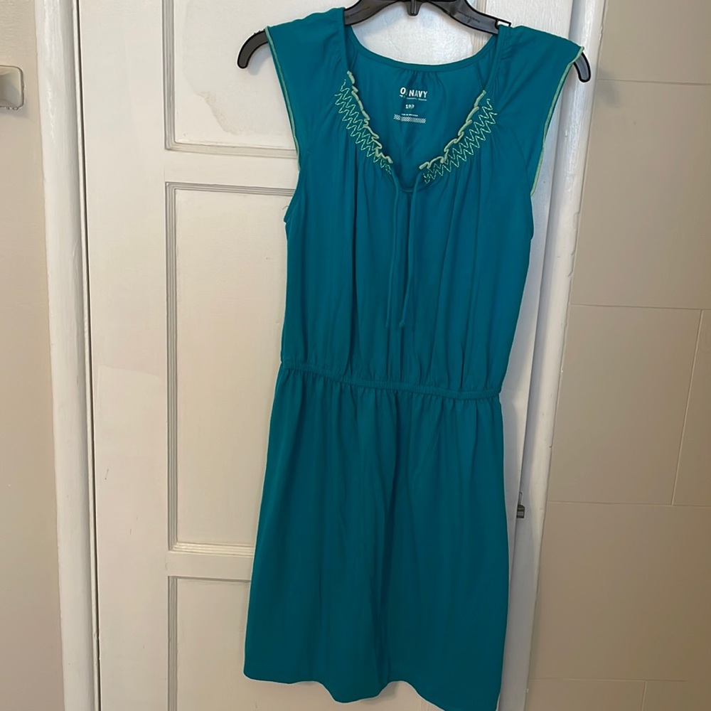Old Navy elastic waistline dress, knee length, turquoise w/ lime stitch and Sz S